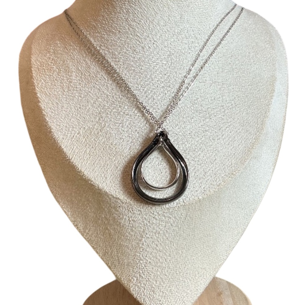 Lia Sophia Necklace, Teardrop Pendant, Double Dip Two Layer, Silver & Hematite